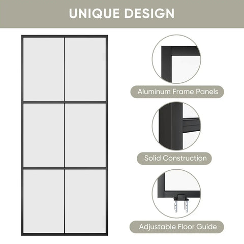 36 Inch By 84 Inch Glass Sliding Barn Door With Black Aluminum Frame And Clear Tempered Glass, 3 Panel Modern French Style