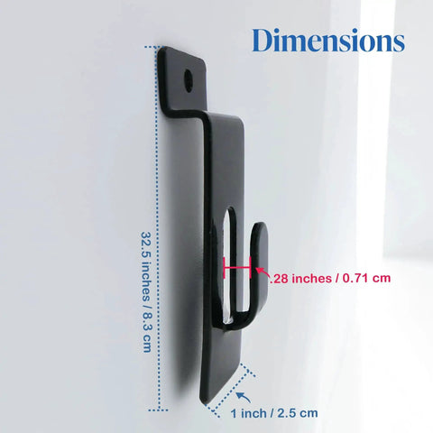 Side view of Black Slatwall Notch Hook 5 Pack Metal Picture Hanger for Slatwall and Slat Grid Displays showing dimensions.