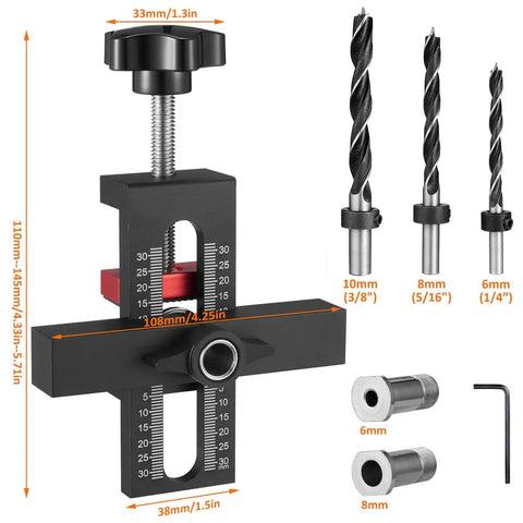 Cabinet Door Mounting Jig With Adjustable Positioner And Drill Jig 2-In-1 Cabinet Hardware Tool For No-Fuss Door Alignment And Install On Most Cabinets Includes 3 Drill Bits, shown with included drill bits and measurements.