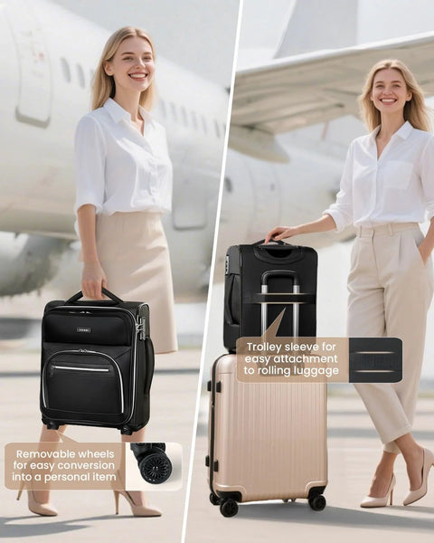 Woman with underseat carry on luggage for women 16 inch softside rolling bag airline approved, next to suitcase with trolley sleeve