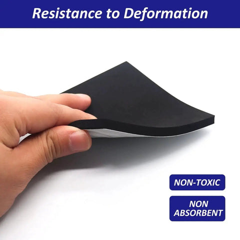 Person flexing Self Adhering Neoprene Foam Padding Sheets With Strong Adhesive Backing One Quarter Inch Thick Four Inch By Four Inch Square Pads Eight Pieces Closed Cell Insulation Foam For Stays Put Cushions, Crafting Projects, And Gear Padding.