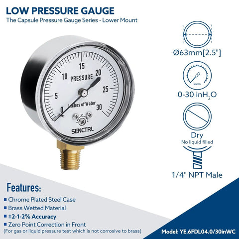 SENCTRL low-pressure capsule gauge, 0–30 inH2O, 2.5 in dial, chrome case with brass lower mount, 1/4 in NPT
