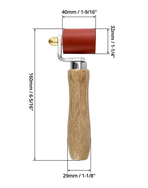 Side view of Silicone Seam Roller High Temperature Resistant Heavy Duty Pro Grade Hand Pressure Roller with wood handle and size dimensions