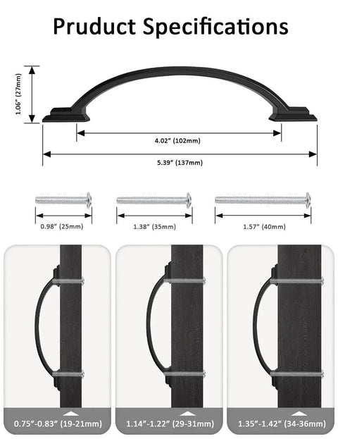 Dimensions and specifications for 15 Pack 4 Inch Black Arch Cabinet Pulls Matte Black Zinc Alloy Drawer Handles for kitchen and bathroom.
