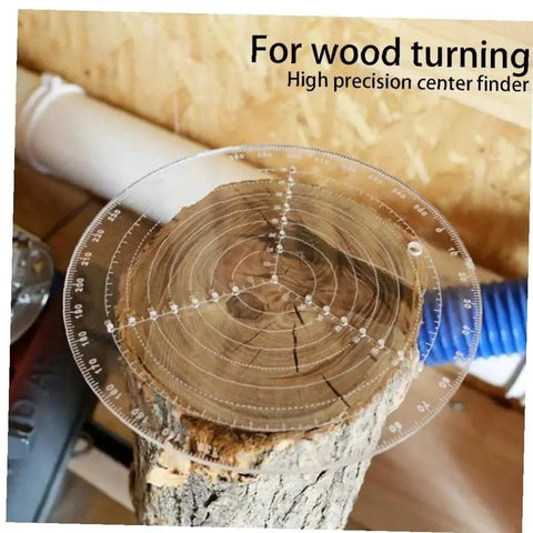 Transparent Acrylic Center Finder for Woodturning With Round Center Locator and Centering Ruler on a wooden log.