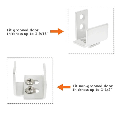 Adjustable Wall Mounted Barn Door Guide For Grooved And Non Grooved Doors Easy To Install Includes Floor Guide And Screws Silent Sliding On Wood Doors One To One And A Half Inch Width Durable Construction For Smooth Glide And Quiet Operation showing fit for grooved and non-grooved doors.