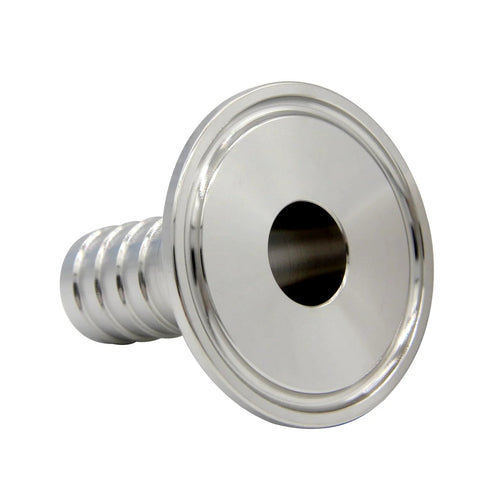 Two 1.5 in tri-clamp to 3/4 in hose barb sanitary fittings, 304 stainless steel, front flange view.