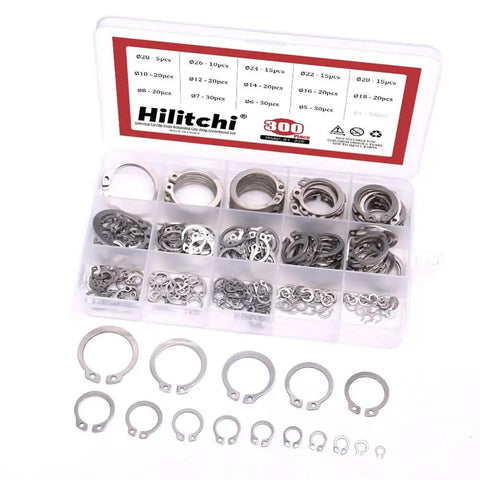 External Circlip Snap Ring Set For Retaining Clips, 15 Metric Sizes Including 4 5 6, 304 Stainless Steel, Rust Resistant For Indoor And Outdoor Use, 300 Piece Assortment For Automotive And Machinery Hilitchi, organized in storage box