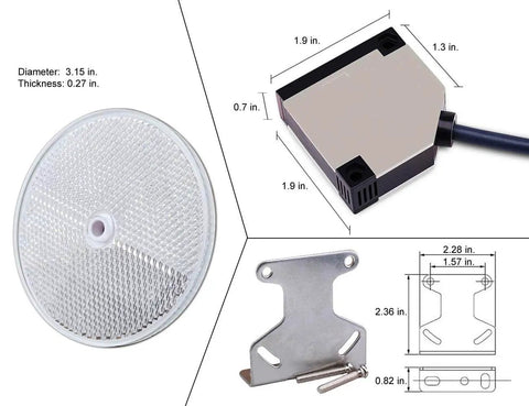 Dimensions of Invisible Retro Reflective Photoelectric Beam Sensor with 6 ft cable for garage doors and gates.