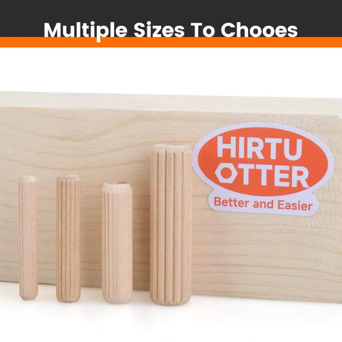 Four wooden dowel pins in different sizes against a wood backdrop, with a HIRTU OTTER label and text 'Multiple Sizes To Choose'.