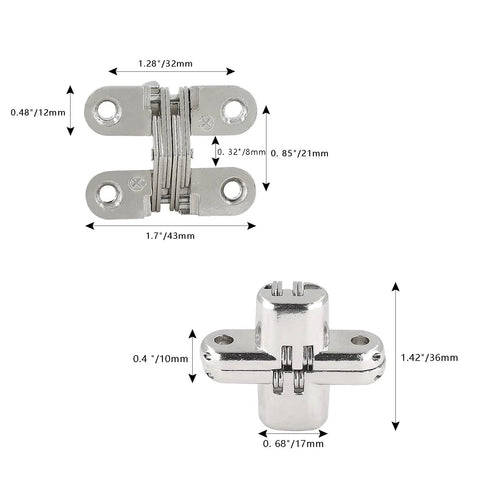 Hidden Gate Hinge Set For Cabinets 1-3/4 Inch Invisible Hinge with Concealed Barrel, dimensions labeled for each part.