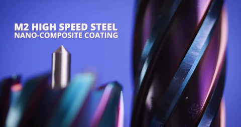 Close-up of M2 high-speed steel with Nano-Composite Blue Coating, Nano-Composite Blue Coated Annular Cutter Five Eighths Inch By Two Inch ANC Series NACO Coating Extends Tool Life Up To Thirty Percent And Delivers Fast Clean Cuts Through Steel Cast Iron And Stainless Materials Drill America.