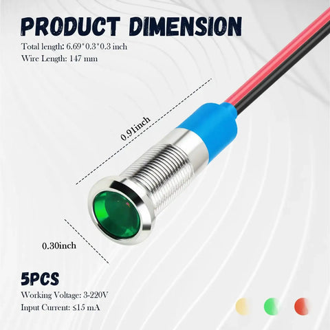 Five Pack 6mm Car LED Indicator Lights 12V With 147mm Wire IP66 Water Resistant Signal Lamps image with dimensions and colors