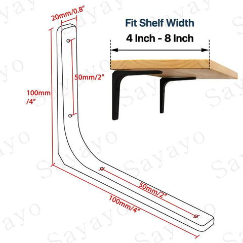 Diagram showing dimensions of 4 Pack Iron Wall Shelf Brackets 4 x 4 Inch Heavy Duty Shelf Support And Joint Angle Brackets Matte Black with shelf fitting details.
