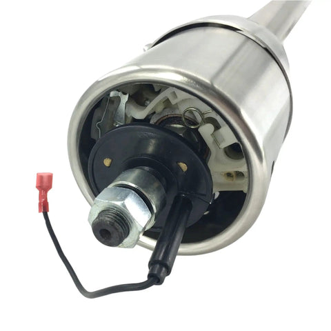 Close-up of 32 Inch Stainless Steel Tilt Steering Column With 9 Hole Wheel Adapter No Key, showing metal finish and wiring.