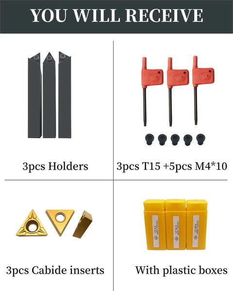 Contents of Three Piece 1/2 Inch Indexable Carbide Lathe Tool Holder Set With AL 8 AR 8 E 8 Holders And TCMT32.51 Inserts Preinstalled.