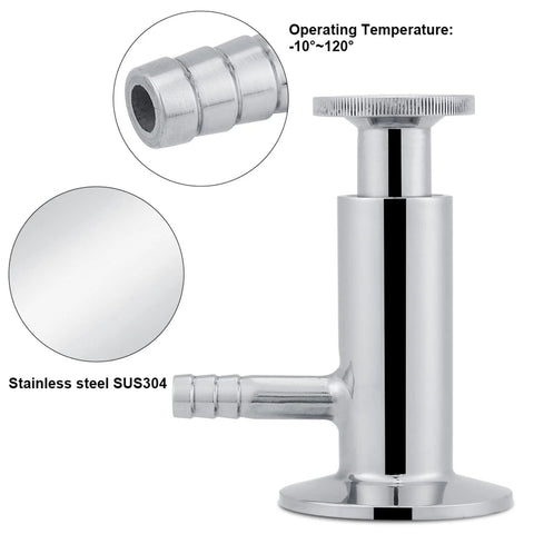 Sanitary sampling valve, stainless SUS304, 50.5mm ferrule, side hose barb.