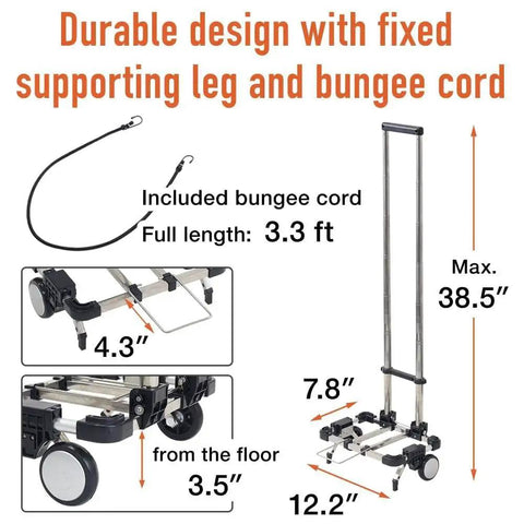 Foldable Luggage Cart With Two Wheels Lightweight Portable Travel Dolly dimensions and included bungee cord illustration