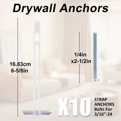 Image showing Heavy Duty Drywall Anchor Kit With 3/16-24 Included Bolts For Hollow Wall Mounting Stainless Steel Anchors For TV Mounts Holds Up To 240 Lbs In 1/2 Inch Drywall 10 Pack Rust Resistant Self Stabilizing For Fast Easy Install measurements.