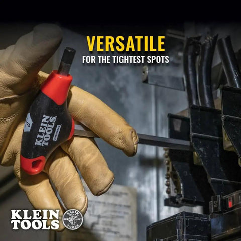 Gloved hand using Ball End Hex Key Set With 6 Inch Blades For Angled Access And Tight Spots 10 Piece SAE Inch Wrench Kit With Stand Pro Grade Journeyman Dual Material Handles Rust Resistant Treated Steel Double Ended Keys Klein Tools on cables