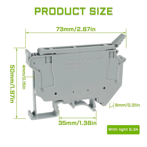 Side view of LED Indication Fuse Holder Terminal Block For DIN Rail 24V DC Screw Clamp, grey, 6.3A 800V, with dimensions.