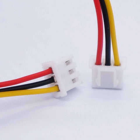 Close-up of 3-pin XH2.54 3P connectors with red, black, and yellow wires for Three 1K Ohm Linear Taper Rotary Potentiometers.