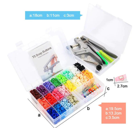 Bulk Snap Button Starter Kit With Pliers, 400 T5 Plastic No Sew Fasteners In 20 Colors, Aluminum Pliers, 2 Clear Storage Boxes, 10 Wonder Clips, And English Guide For DIY Sewing Clothes Diapers Rain Gear Crafting displayed in organizer box