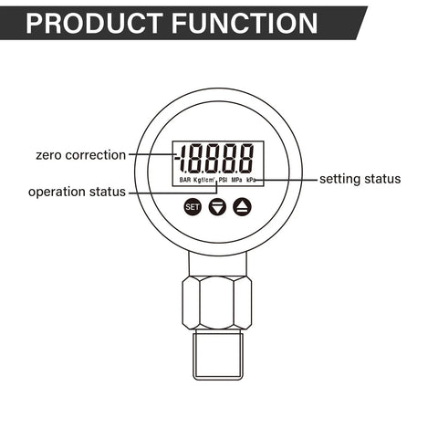 MEASUREMAN digital remote pressure gauge with 270° rotatable body, circular display, 3-digit LED, SET/up/down buttons