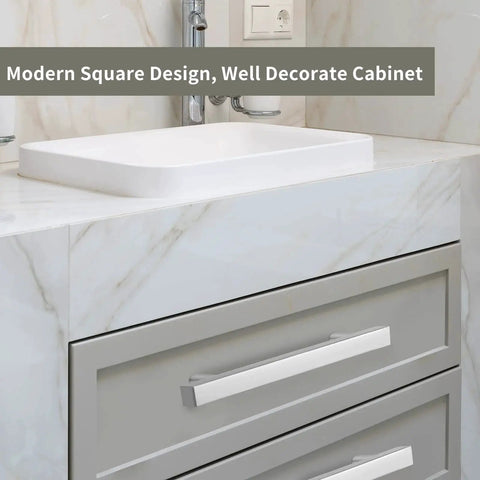 Modern bathroom vanity with 10 Pack Brushed Nickel Cabinet Pulls 3 Inch Hole Centers, 6 Inch Total Length, installed on drawers.
