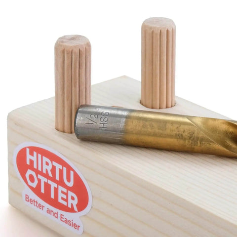50 Piece Hardwood Dowel Pins 1/2 Inch By 2 Inch Kiln Dried Schima Superba Fluted And Beveled for easy insertion displayed on wood block