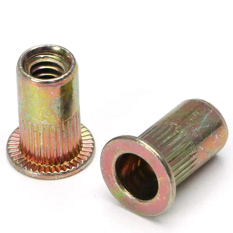 Close-up of 100 Pcs 1/4-20 Carbon Steel Rivet Nuts Kit SAE Threaded Inserts, showing two nutserts with internal threads.