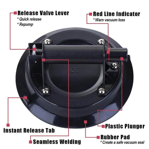 9 Inch Vacuum Concave Suction Cup Glass Lifter With Handle showing features like release valve, red line indicator, and rubber pad