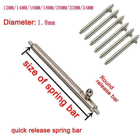 Quick Release Watch Spring Bar Pins 20 Piece Set 12Mm 14Mm 16Mm 18Mm 20Mm 22Mm 24Mm Stainless Steel, highlighting sizes and diameter