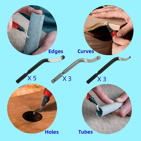 Pro Grade Deburring Tool Kit With 10Pcs Needle File Set Metal Handle Swivel Deburring Tool For Metal Resin And 3D Printed Plastic Copper And Aluminum Pipes 360 Degree HSS Blade Extra 10Pcs Blades For Fast Burr Removal shown with metal, wood, and plastic surfaces.