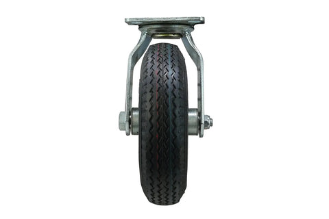 Front view of 8 Inch Pneumatic Caster Wheel With Swivel Plate And Ball Bearing Steel Hub Five Eighths Inch Bore 220 Pound Load Capacity.