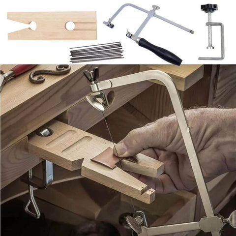 Adjustable Jeweler's Saw Frame Kit With 144 Blades Pro Grade 3 In 1 Jewelry Making Set featuring wooden pin clamp and bench pin