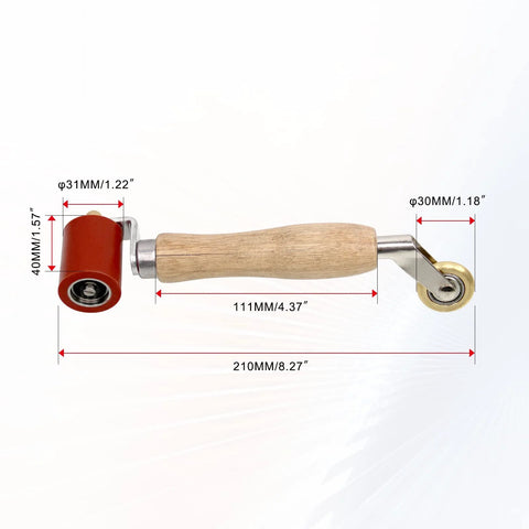 Seam roller tool with wooden handle, red 40mm silicone roller and brass 6mm penny roller, 210mm length