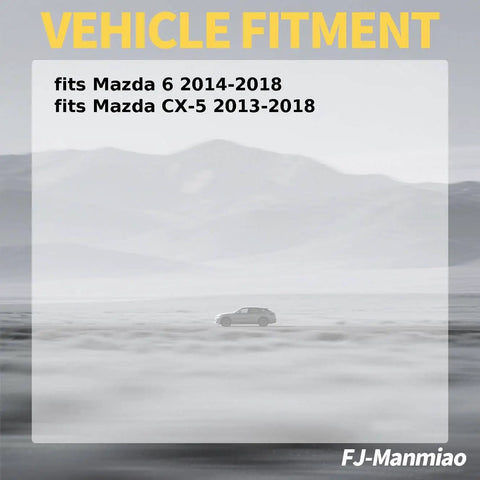 Vehicle fitment guide for 2013-2018 Mazda 6 and CX-5 with background of a driving car silhouette.
