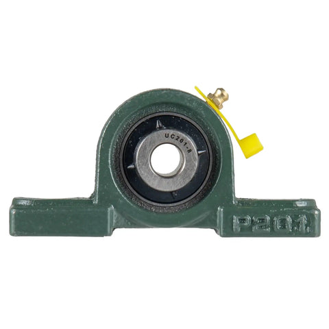 Front view of Beefy Pillow Block Bearing One Half Inch Shaft Bore With Solid Cast Iron Base, self-aligning, industrial quality.