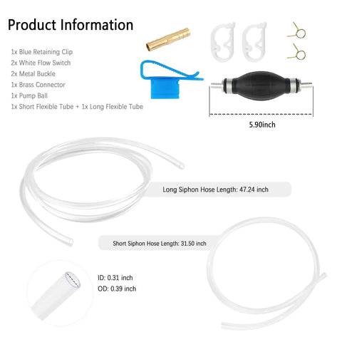 Product parts for Heavy Duty Gas Siphon Pump With 6.5 Ft Hose And Brass Extender, Enlarged Caliber Fuel Transfer Siphon Kit