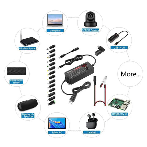 Universal 72W Power Supply With Adjustable 3V To 24V DC Output And 3A Cable, USB C PD 65W Fast Charger, 14 Tip Set, alligator clip cable