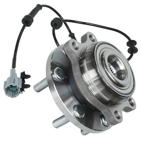 Two Front Wheel Bearing Hubs Assembly Kit Direct Replacement For 2005 Through 2019 Nissan Frontier Pathfinder Xterra And Suzuki Equator 4WD Only Includes Two Front Hubs With Six Bolt ABS Senso Compatible For Front Axle Replacement, showing hub with bolts and ABS sensor wire close-up