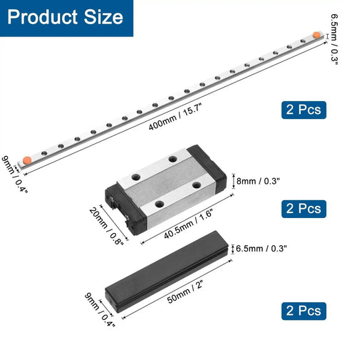 Two Pieces MGN9 400mm Linear Guide Rails With MGN9H Carriage Blocks And Plastic Mini MGN12 Guides For DIY 3D Printers And CNC Machines