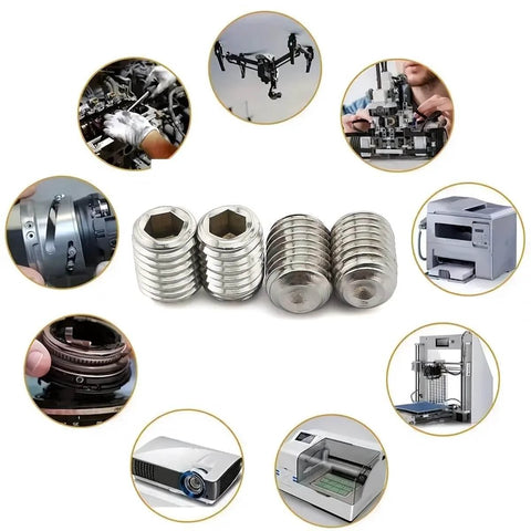 100 Piece Grub Screw Assortment in 304 Stainless Steel and Carbon Steel with Allen Hex Socket Cup Point, Organized Case, shown with electronic and machinery uses