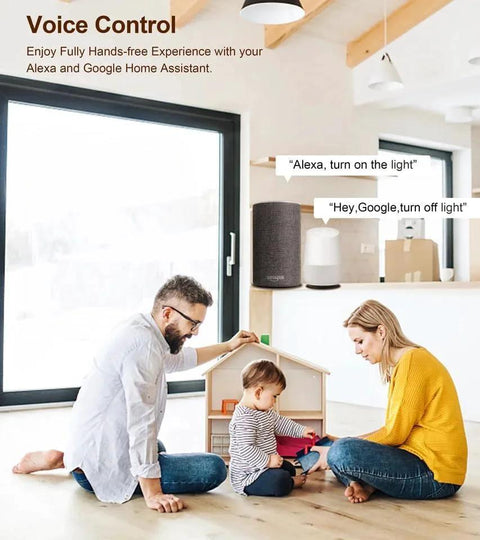 Parents and child playing in living room with Smart DC Motor Controller 7 To 32V 10A With Forward And Reverse, compatible with Alexa and Google Home.