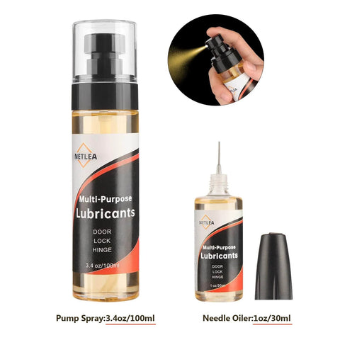 All-In-One Door And Lock Lubricant Kit With 4.4oz Bottle, 3.4oz Spray And 1oz Precision Oiler for squeaky hinges, locks, sliding doors