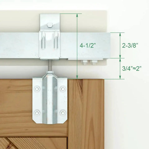 Close-up of 8 Foot Galvanized Box Track Sliding Barn Door Hardware For Exterior Use One Piece Box Rail Design installed on wood