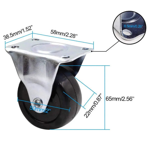 Heavy Duty 4 Piece 2 Inch Rubber Caster Wheels With Rigid Fixed Non Swivel Top Plate For Furniture, detailed dimensions