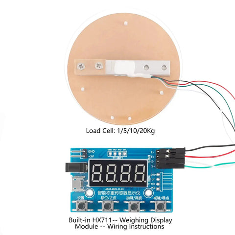 HX711 Digital Load Cell Module With Display 24 Bit Analog To Digital Weight Sensor Board shown with circular load cell and wiring setup