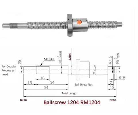 Diagram of 12mm CNC Ballscrew Kit SFU1204 RM1204 showing dimensions and nut placement for NEMA 23 motor
